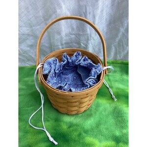 Longaberger Small Round Basket Single Handle With Blue Paisley Jewelry Pouch